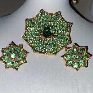 BSK 1940’s-1960’s Glowing uranium caladium Brooch and Matching Earrings